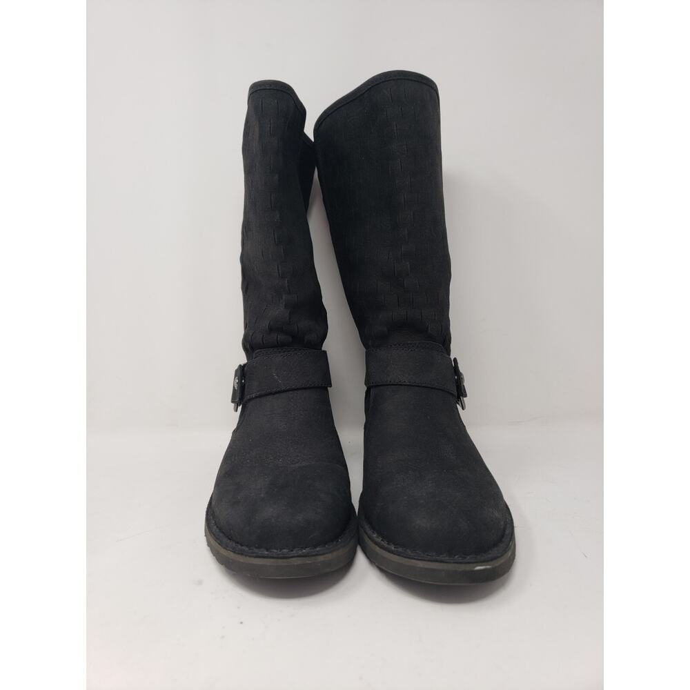 UGG Black Suede Lug Sole Buckle Moto Biker Harness Boot 7.5 Basket Weave 1016923